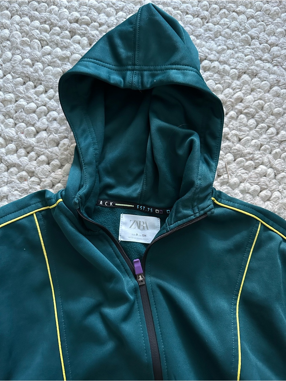 Zara Kids Forest Green Hooded Jacket with Yellow Piping